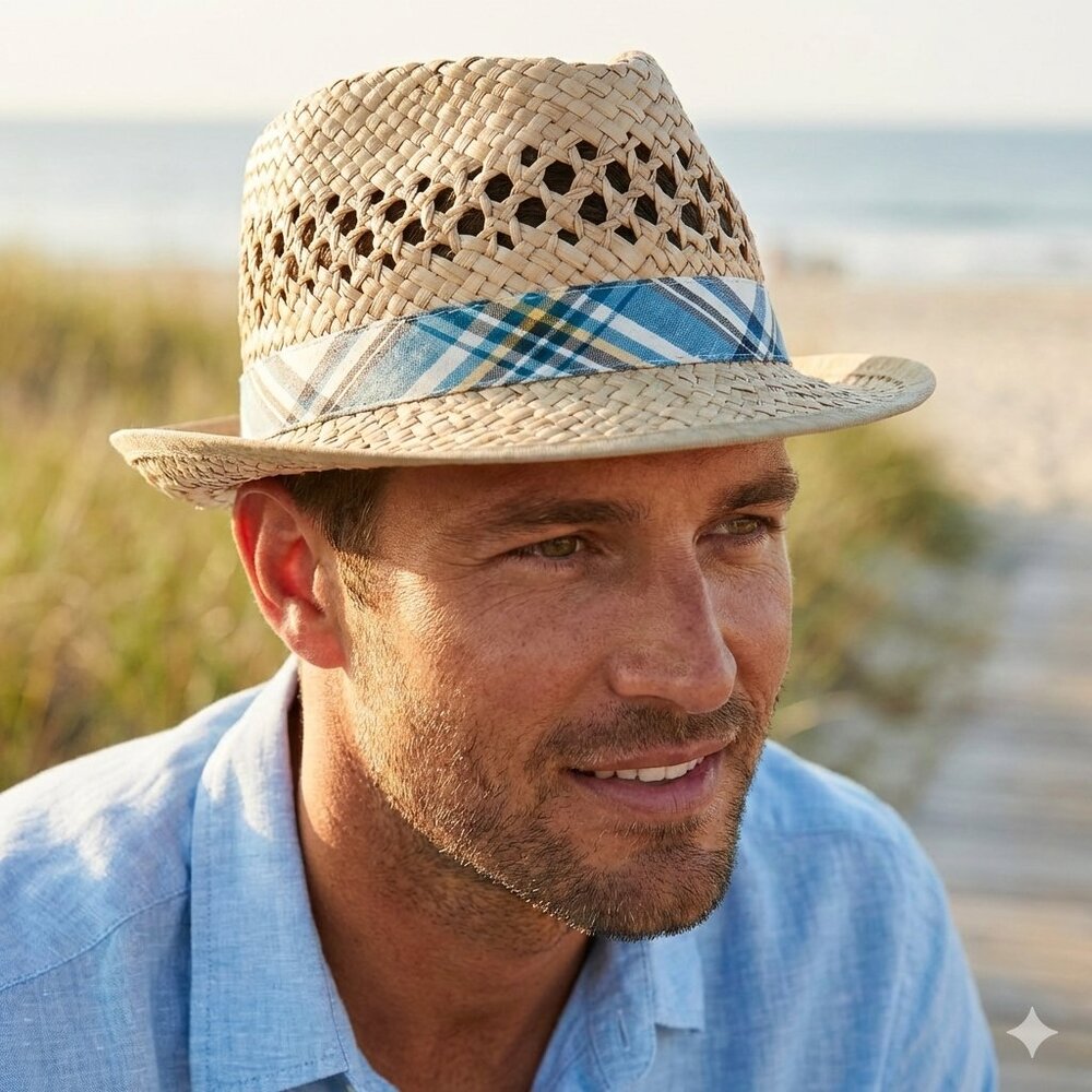 NWOT Old Navy Men Straw Hat X/XL Fedora Natural Eyelet Preppy Resort Cool Breath